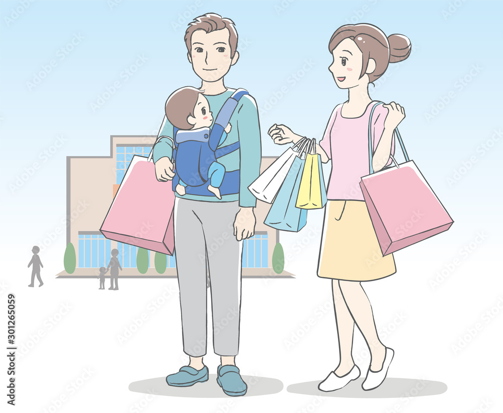 Young parents visit shopping mall with their baby. Vector illustration.