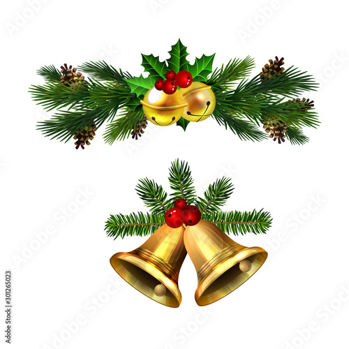 Christmas decorations with fir tree golden jingle bells
