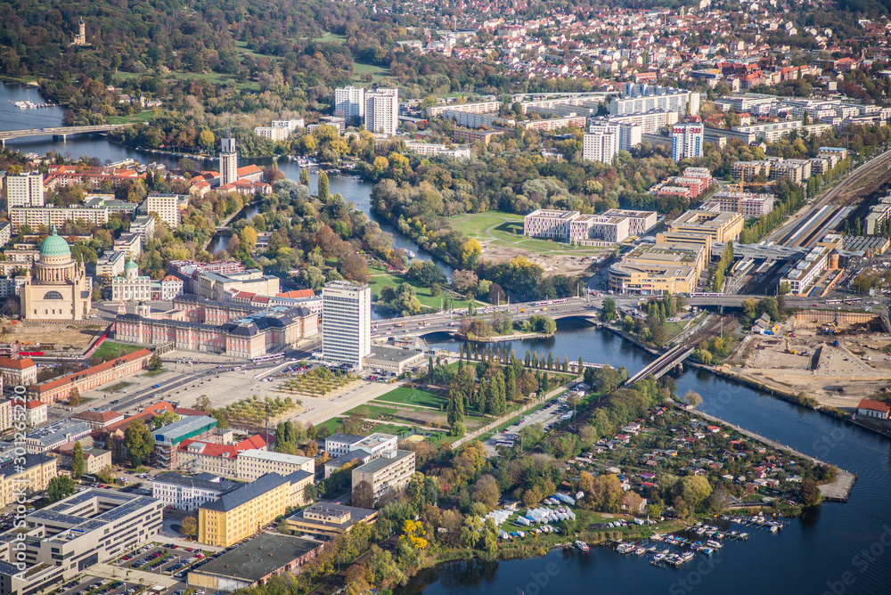 Obraz premium Potsdam, Germany, central city with Brandenburg state parliament, St. Nikolaikirche Potsdam, Central Station, river Havel, aerial view during early autumn,