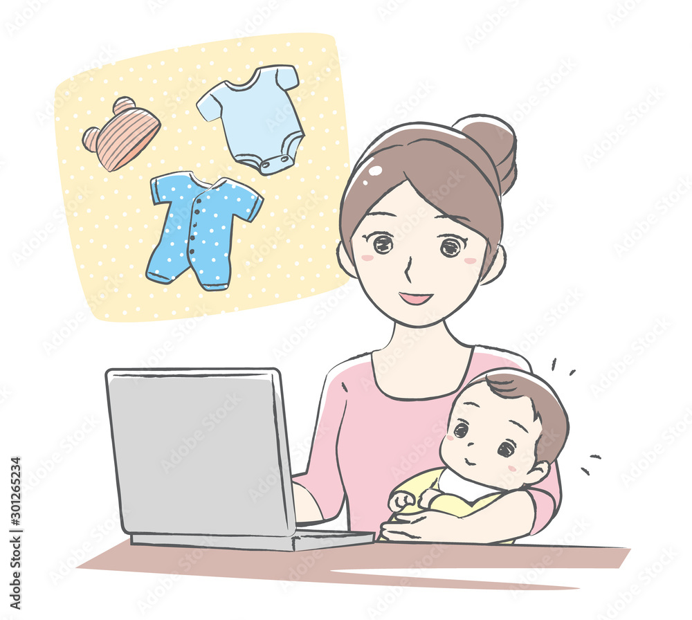 Young mother enjoying online shopping.   Vector illustration.