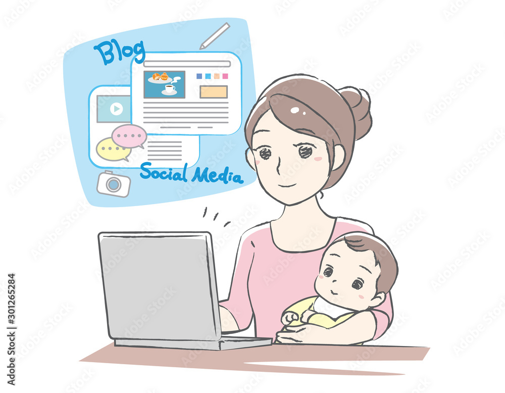 Young mother writing a blog, enjoying on social media. Vector illustration. Young mother writing a blog, enjoying on social media. Vector illustration.