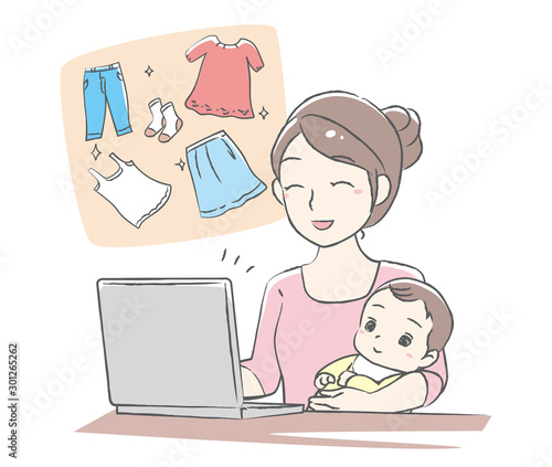 Young mother enjoying online shopping. Vector illustration.
