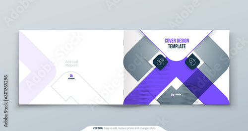 Violet Horizontal Brochure Design. A4 Cover Template for Brochure, Report, Catalog, Magazine. Brochure Layout with Bright Color Shapes and Abstract Background. Horizontal Modern Brochure concept