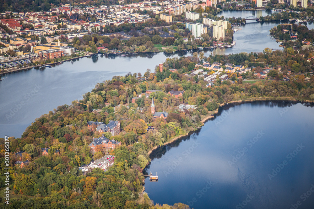 Potsdam, Germany, Peninsula Hermannswerder,  Templin suburb from city of Potsdam, (Templiner Vorstadt) surrounds by river Havel during early autumn 