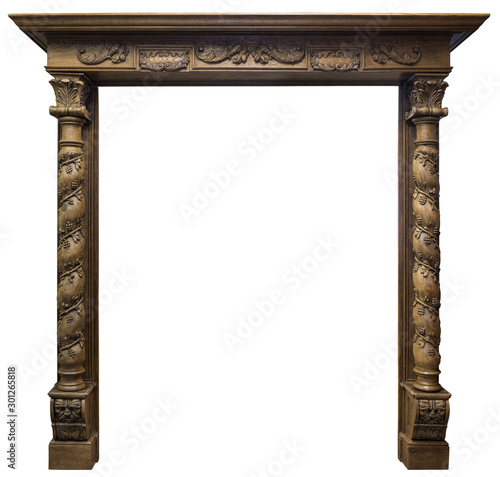 Large Size Oak Wood fireplace portal isolated on white background.