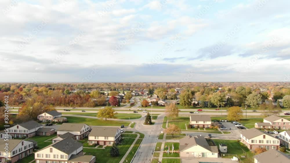 USA Michigan Clinton Township DJI Mavic rising over Farmbrooke Drive on a cold fall morning USA Michigan Clinton Township DJI Mavic rising over Farmbrooke Drive on a cold fall morning