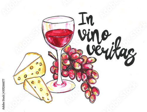 Bright hand drawn watercolor wine design elements (in vino veritas verity in wine). Cheese, olives, grapes glass, lettering photo