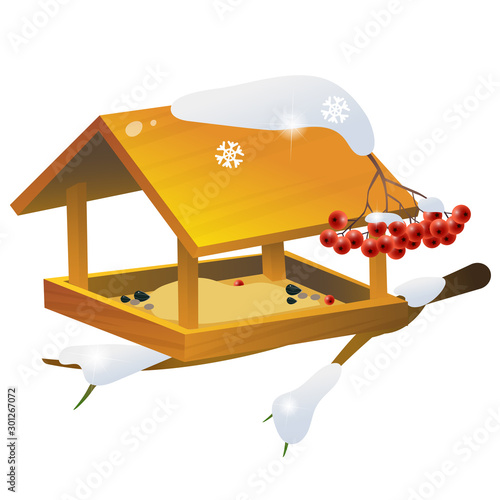 Snow-covered bird feeder. Winter. Illustration for kids. Vector.