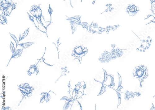 Roses and spring flowers seamless pattern. Graphic drawing, engraving style. Vector illustration.