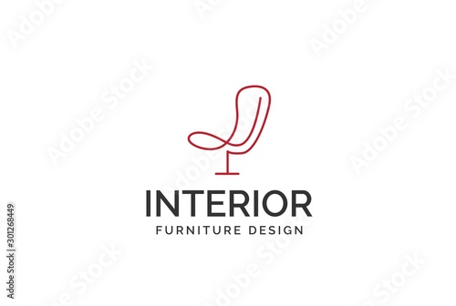 Simple minimalist chair line art furniture interior logo design with flat vector graphics