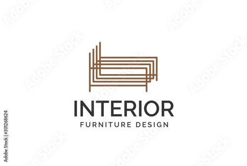 Simple minimalist bed line art furniture interior logo design with flat vector graphics