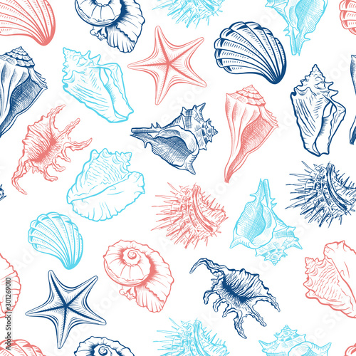 Seashells and starfish vector seamless pattern. Marine life creatures colorfu...