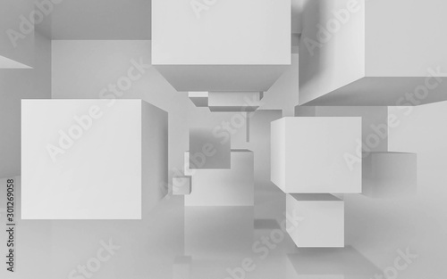 abstact white modern architecture background with white cubes 3d illustration render