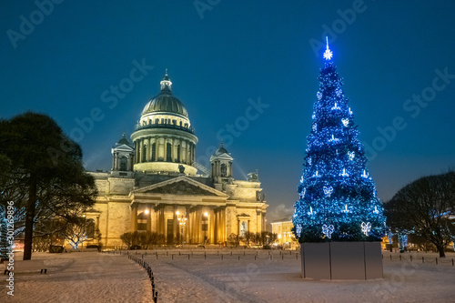 Saint Petersburg. Russia. Christmas. Christmas tree in front of St. Isaac's Cathedral. Evening on St. Isaac's square. Cathedrals Of St. Petersburg. New year in Russia.