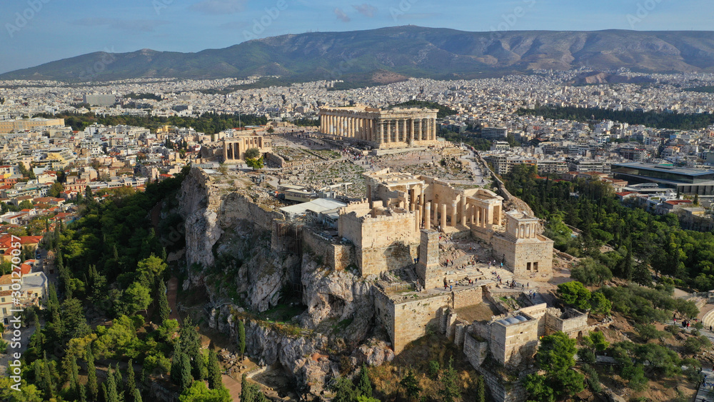 Aerial drone photo of iconic Acropolis hill, Propylaia main gate and the Parthenon, Athens historic centre, Attica, Greece