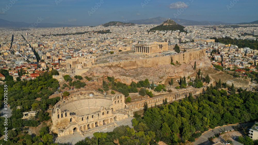 Aerial drone photo of masterpiece theatre of Herodes Atticus in the slopes of Acropolis hill, Athens historic centre, Attica, Greece