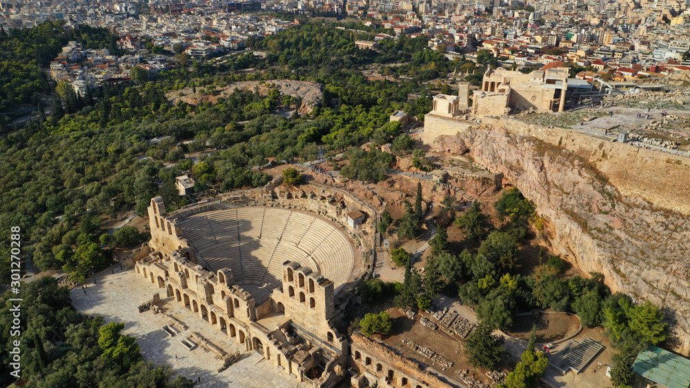Aerial drone photo of masterpiece theatre of Herodes Atticus in the slopes of Acropolis hill, Athens historic centre, Attica, Greece