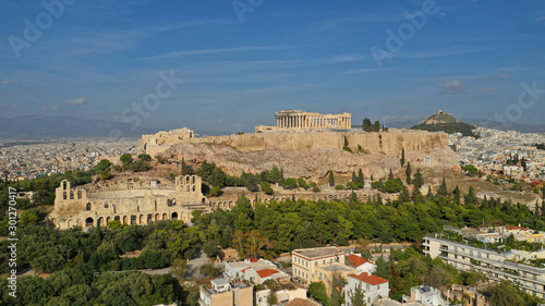 Aerial drone photo of iconic Acropolis hill featuring masterpiece theatre of Herodes Atticus and the Parthenon, Athens historic centre, Attica, Greece