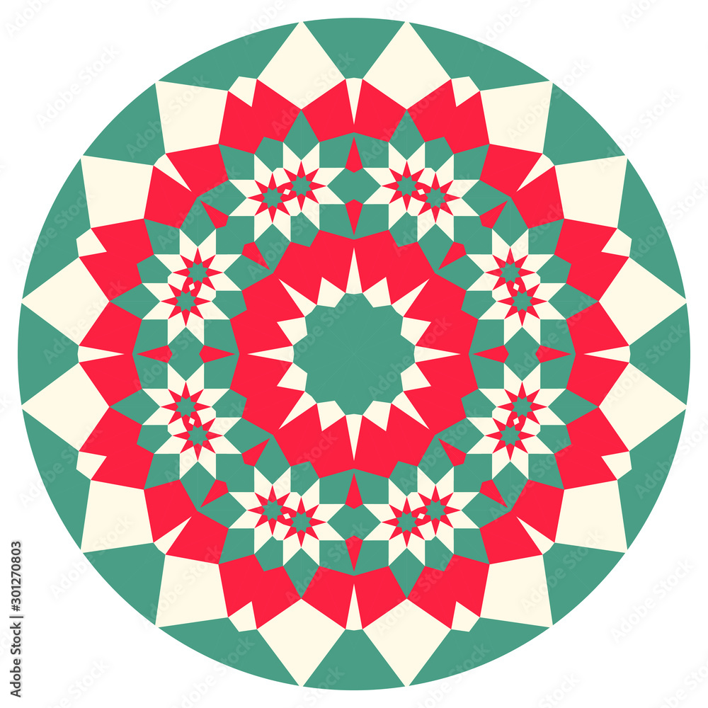 Round geometric, geo, pattern in oriental style, mandala isolated on white background, vector illustration.
