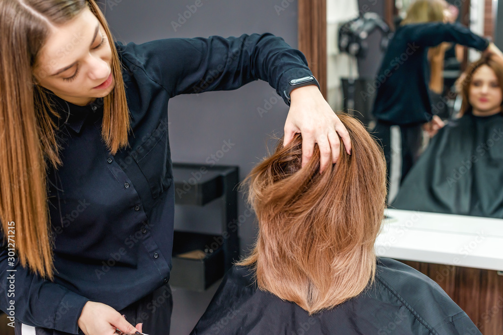 Fototapeta premium Professional female hairdresser is making woman's hairstyle in beaury salon close up.