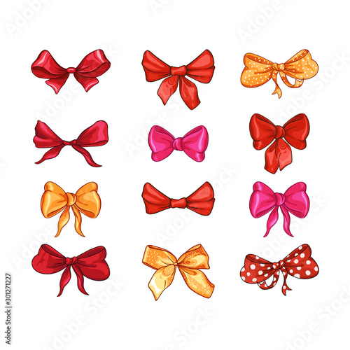 Bow for hair decor flat vector illustrations set. Red, pink, yellow ribbons isolated on white background. Polka dot bowknot, trendy girls accessories. Cute vintage hairstyle elements collection