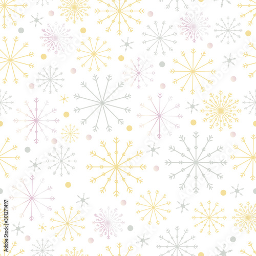 Seamless pattern cold Winter in Christmas Day with Cute cartoon snowflakes in different size in silver yellow and pink gold on white background  Vector seamless for wrapping paper or fabric