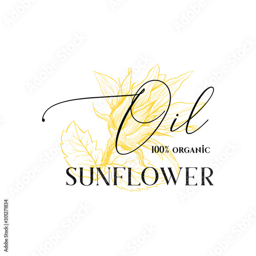 100 percent natural sunflower oil vector logotype template. Yellow flower blossom sketch with ink calligraphy isolated on white background. Organic cooking oil package label, logo design