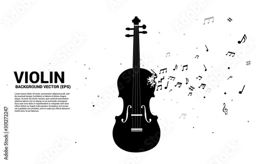 Vector violin with music melody note dancing flow. Concept background for song and concert theme.