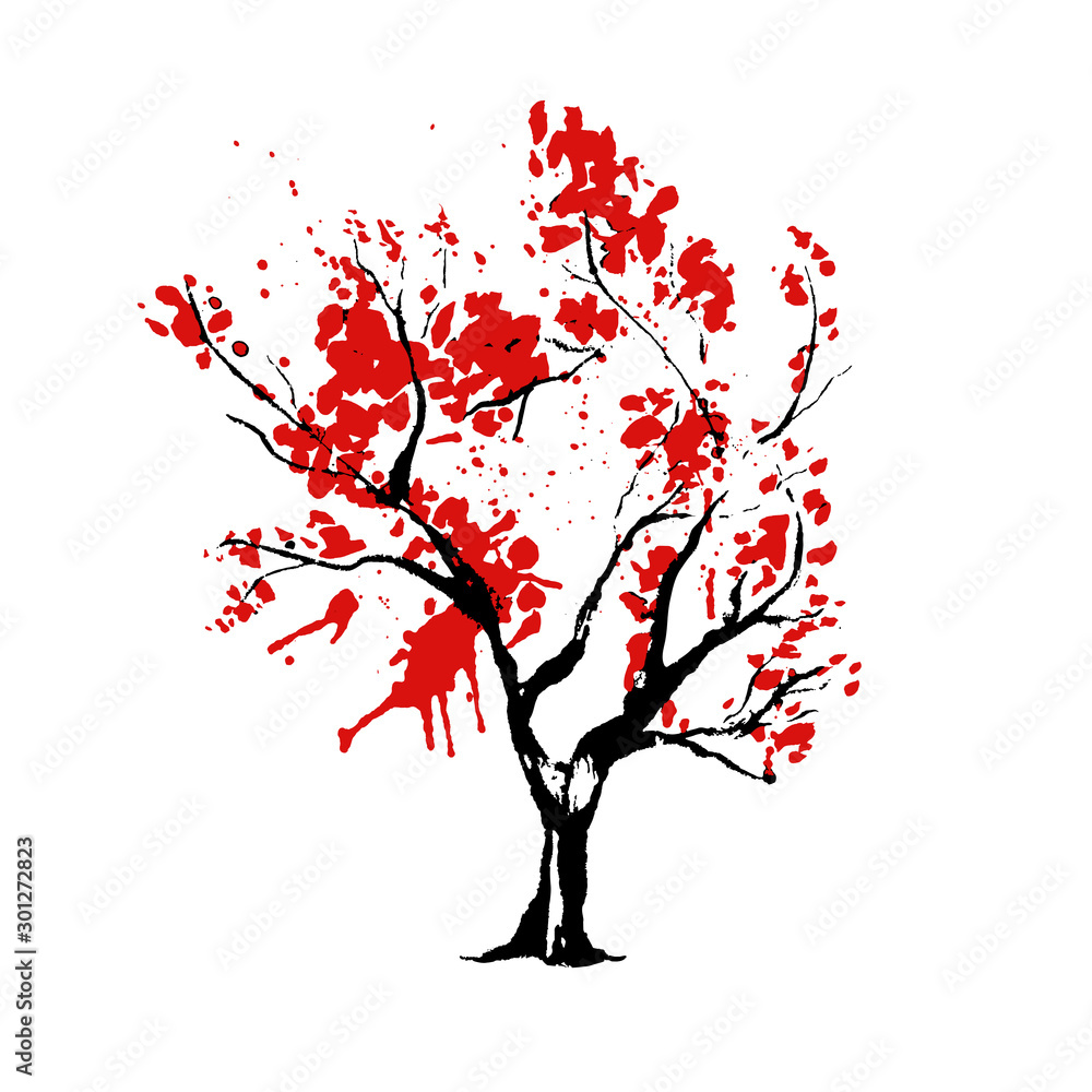 Tree in Japanese style hand drawn vector illustration. Nature creative oriental ink drawing. Botanical design element isolated on white. Stylized Asian sakura with red paint splashes blossom