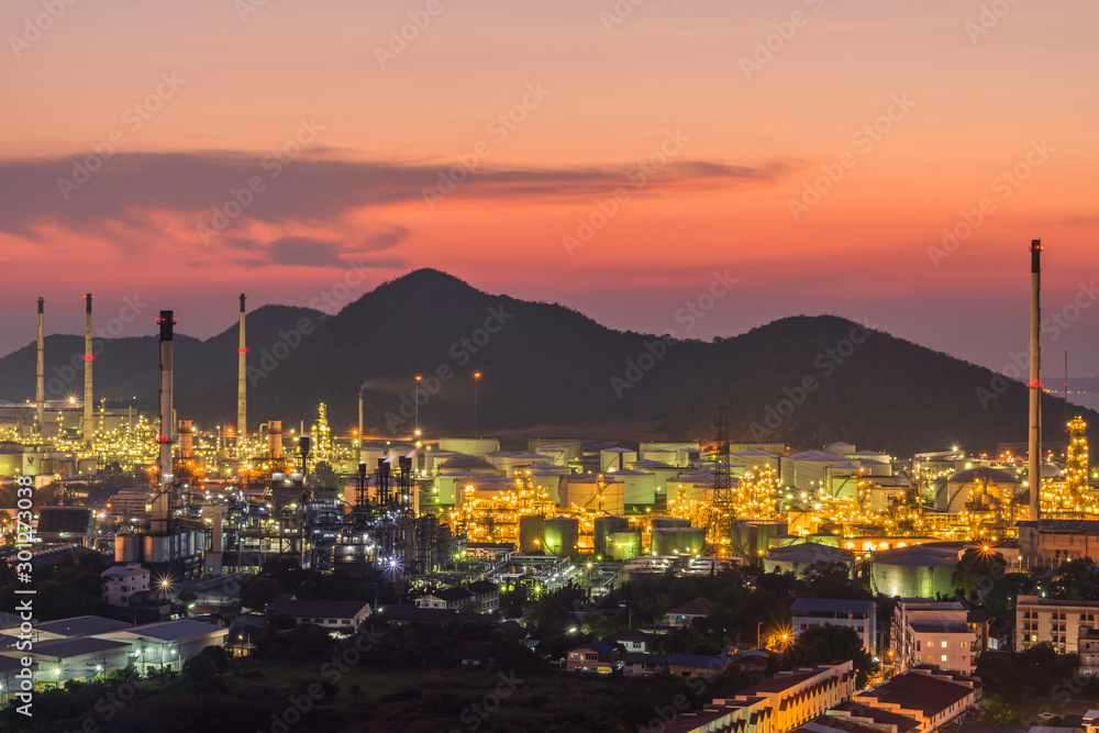 The sunset scene of the petrochemical industry refinery at dusk after sunset