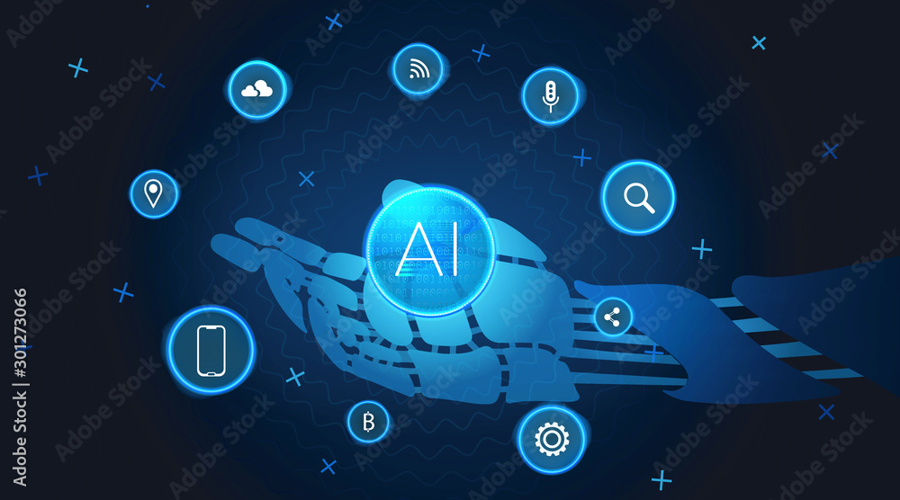 Artificial Intelligence Technology. Robotic Hand On Concept Background. Digital Neuron Data Structure Design. Ai Neural System Network. Artificial Intelligence Background. Cyber System Structure.