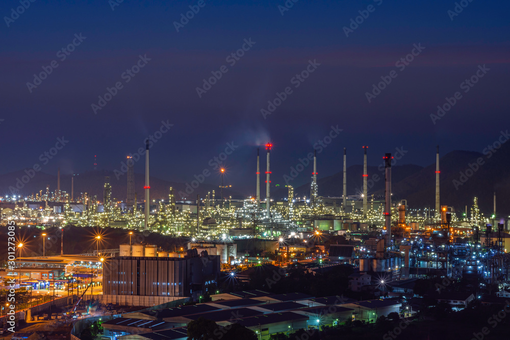 Twilight scene of the petrochemical industry's refinery at twilight after sunset