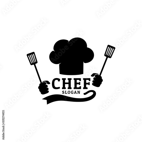 chef hat with hands holding spatula food restaurant vector logo design