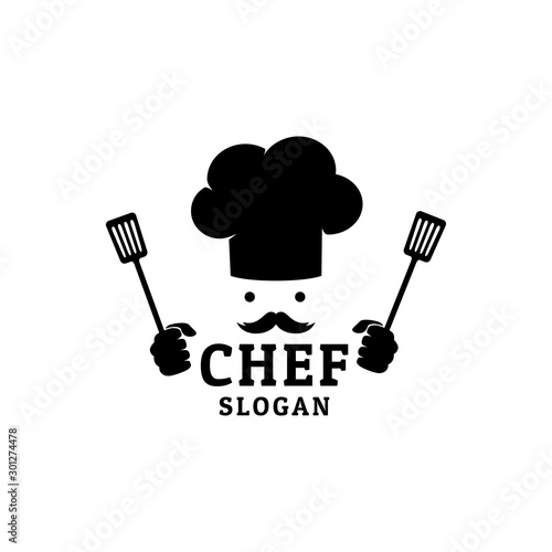 chef hat with hands holding spatula food restaurant vector logo design