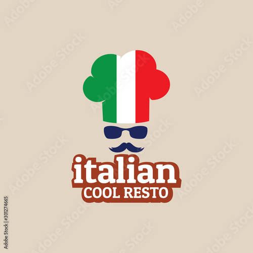cool chef hat in italian flag face wearing glasses with mustache food restaurant vector logo design