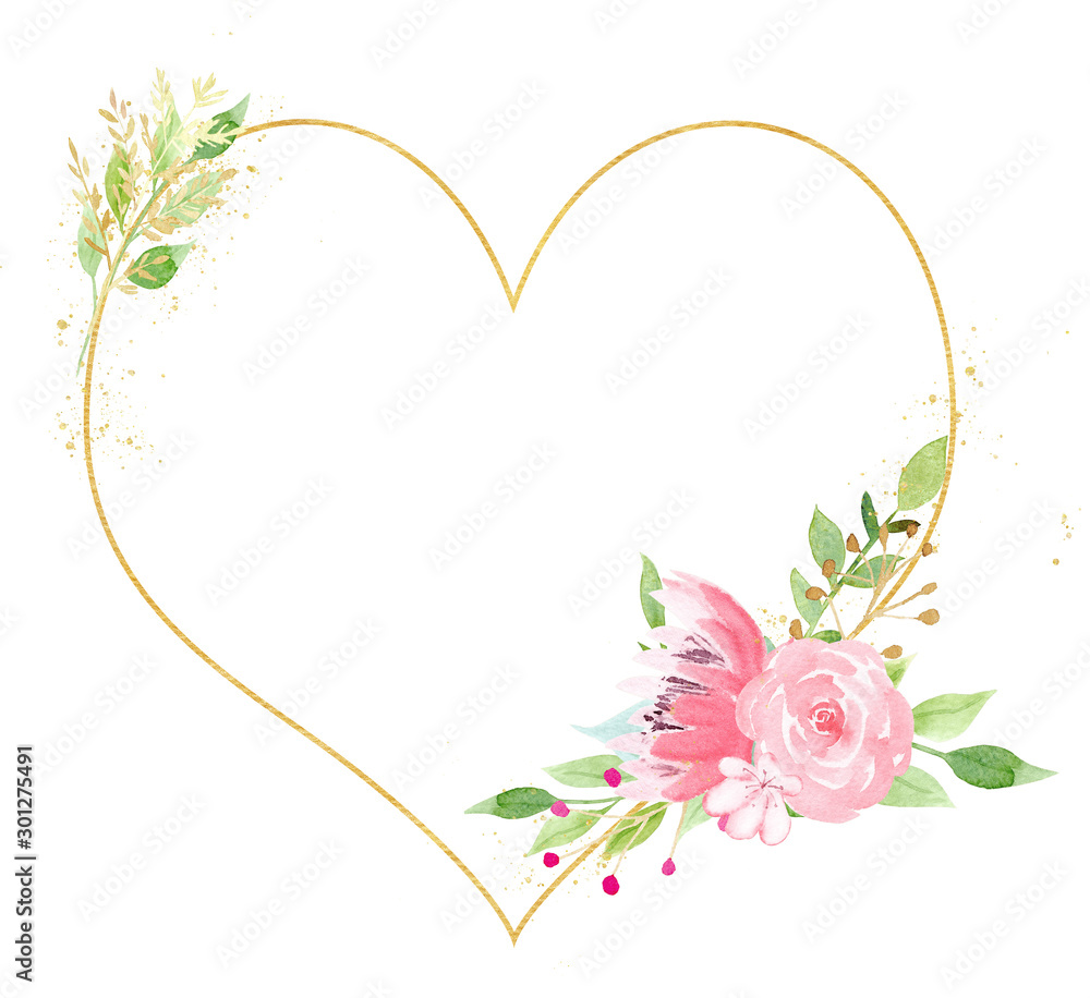 Heart shaped elegant floral frame watercolor raster illustration