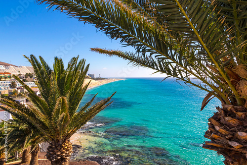 Picturesque view of Morro Jable beach on Fuerteventura island  Canary Islands  Spain. One of the best beach in the Canaries. It resembles the most heavenly beaches of the world