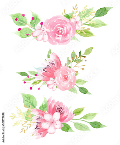 Lovely flowers with foliage watercolor raster illustration set