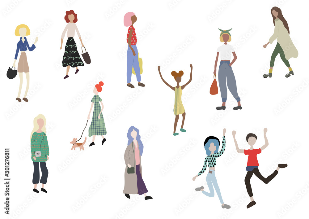 Crowd of people walking with dog, standing, dancing, running, shopping. Male and female characters isolated on white. Outdoor activities on city street. Vector illustration in flat cartoon style