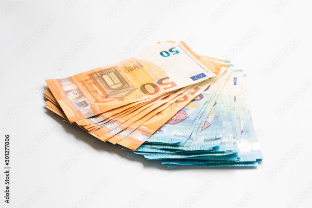 Euro bill money note pile bundle on white background Euro bill money note pile bundle on white background