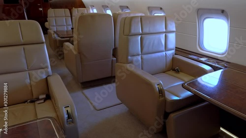 Modern private business jet leather seats and interior