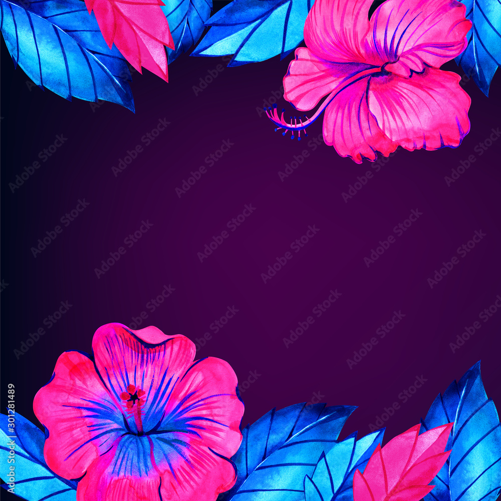 Neon jungle card template. Bright tropical leaves, flowers, butterfly collection.