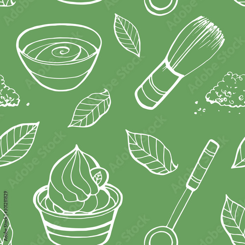 Seamless pattern with matcha elements. Japanese ethnic and national tea ceremony. Hand drawn vector illustration. Can be used for shop, market, fabric, wrapping paper, scrapbooking.