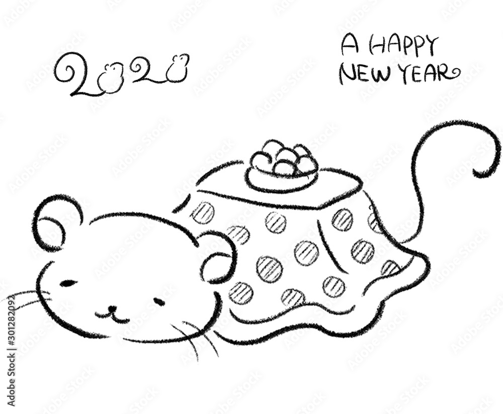 手描き ネズミ こたつ のんびり 冬 年賀状 イラスト Stock Vector Adobe Stock