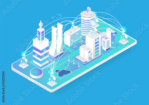 Isometric smart city and 5G technology info graph network on smartphone. Vector illustration in 3d design.