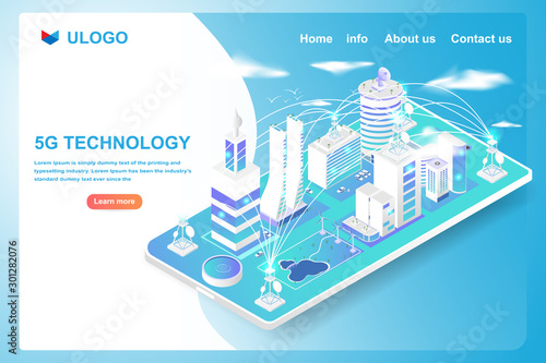 Isometric smart city and 5G technology info graph network on smartphone. Vector illustration in 3d design.