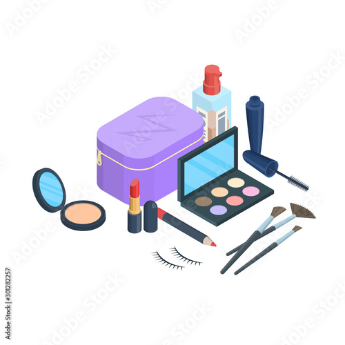 Vector makeup isometric objects illustration. Cosmetics bag, eyeshadow palette, lipstick, mascara, foundation and makeup brushes illustration