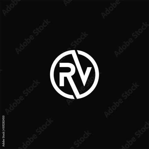 Initial letter RV logo template with modern circle line art symbol in flat design monogram illustration