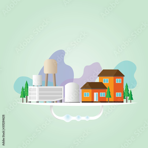water treatment plant supply water into the city simple graphic