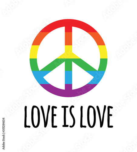 Vector lgbt rainbow flag peace sign with love is love lettering isolated on white background